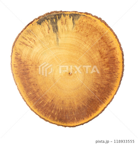 The cutting board is made of round wood isolated on a white background. 118933555