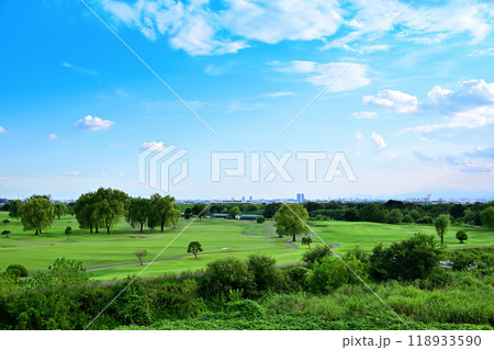 ゴルフ場　荒川河川敷下流　上江橋付近から真夏の風景　　 118933590