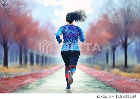 幻想的な道を走る女性ランナーの後ろ姿 118933634