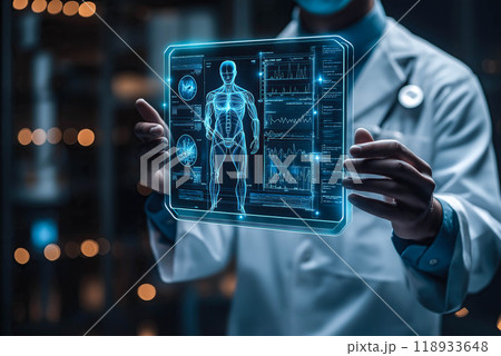 A doctor carefully examines a virtual x-ray projection with focused attention. The integration of advanced technology in medical diagnostics. Generative AI. 118933648