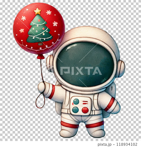 A cheerful astronaut holding a festive Christmas balloon, perfect for holiday-themed decorations and space-inspired celebrations. 118934102