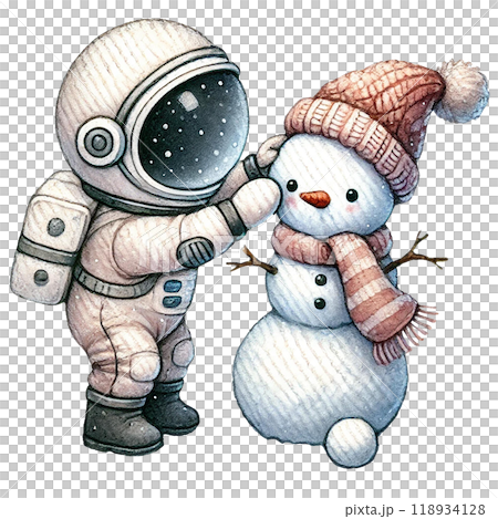 An astronaut tenderly interacts with a cheerful snowman, showcasing a whimsical blend of space and winter charm. 118934128