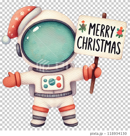 Charming astronaut in festive attire holding a Merry Christmas sign, perfect for holiday-themed designs and space-themed decor. 118934130
