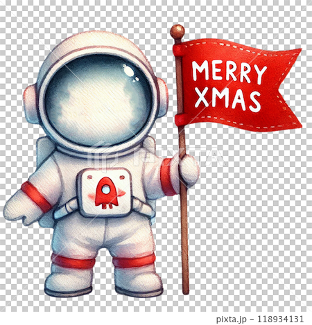 Colorful astronaut character holding a Merry Xmas flag, perfect for festive illustrations and holiday-themed designs. 118934131
