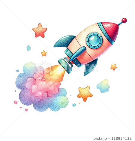 Colorful rocket illustration with vibrant stars and clouds, perfect for space-themed projects and children's artwork. 118934132