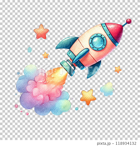 Colorful rocket illustration with vibrant stars and clouds, perfect for space-themed projects and children's artwork. 118934132
