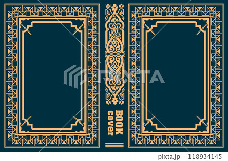 Ornate leather book cover and Old retro ornament frames. Royal Golden style design. Historical novel. Oriental style Vector illustration. Hand drawn illustration 118934145