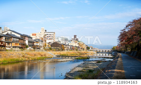 Cityscape skyline at Kamo river in a morning, Kyoto city, Japan. Cityscape skyline at Kamo river in a morning, Kyoto city, Japan. 118934163