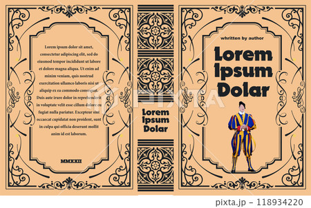 Ornate leather book cover and Old retro ornament frames. Royal Golden style design. Historical novel. Oriental style Vector illustration. Hand drawn illustration 118934220