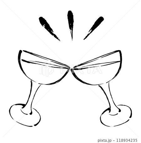 筆タッチの飲み物が入ったグラスが乾杯しているイメージのモノクロ線画イラスト 118934235