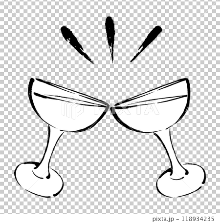 筆タッチの飲み物が入ったグラスが乾杯しているイメージのモノクロ線画イラスト 118934235