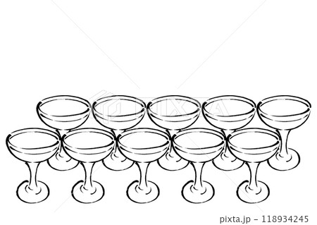 筆タッチの飲み物が入った十脚のグラスのモノクロ線画イラスト 118934245
