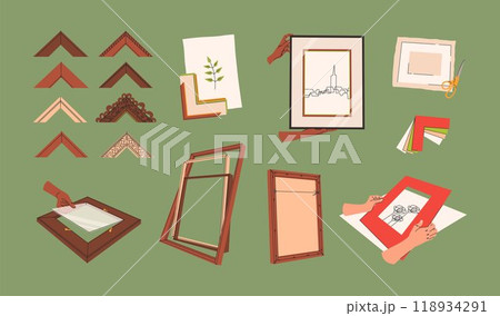 Vector set of framing industry. Framing workshop. Embroidery stretching, painting. Wood baguette. Interior design, decor 118934291