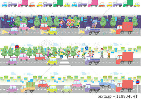 交通安全<街の道路のイメージの帯イラスト・車・トラック・など> 交通安全<街の道路のイメージの帯イラスト・車・トラック・など> 118934341