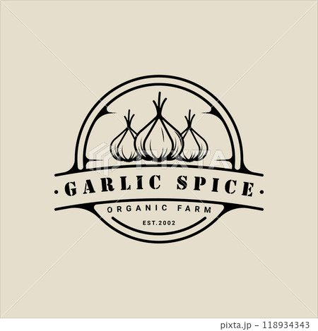 garlic onion logo vector line vintage illustration template icon graphic design. spice and ingredient sign and symbol for farm or seasoning shop with outline circle badge garlic onion logo vector line vintage illustration template icon graphic design. spice and ingredient sign and symbol for farm or seasoning shop with outline circle badge 118934343