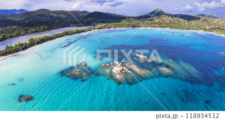 Best beaches of Corsica island - aerial view of beautiful Santa Giulia long beach Best beaches of Corsica island - aerial view of beautiful Santa Giulia long beach 118934512