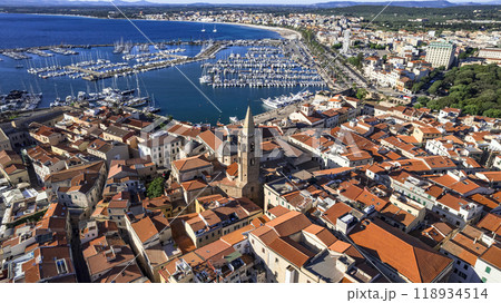 Sardegna (Sardinia) island landmarks. Charming historic Alghero.  Aerial drone panoramic view of marine and old town 118934514