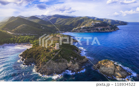 Scenic nature and beaches of Corsica island. Genoese towers  - Torra di Fautea over sunset. aerial drone panoramic view 118934522