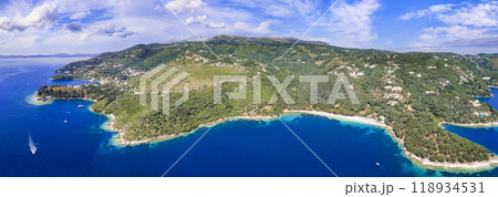 Greece, Ionian islands. nature scenery of Corfu island. Kerasi beach and bay aerial view, eastern part in front of Albania. Greece, Ionian islands. nature scenery of Corfu island. Kerasi beach and bay aerial view, eastern part in front of Albania. 118934531
