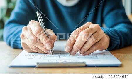 A close-up of hands holding a pen, writing on a clipboard, showcasing focus and detailed craftsmanship in a serene environment. 118934619