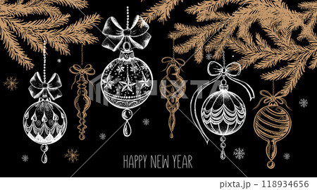 Christmas ball set on black. Hand drawn illustration. Christmas ball set on black. Hand drawn illustration. 118934656