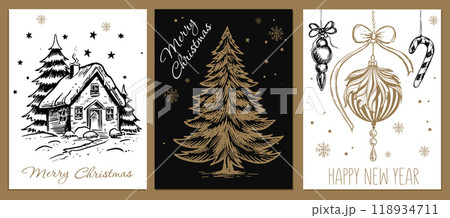 Christmas toy, tree, New Year set, Hand drawn illustration	 118934711
