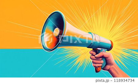 A vibrant illustration of a hand holding a megaphone, symbolizing communication and announcement in a dynamic setting. A vibrant illustration of a hand holding a megaphone, symbolizing communication and announcement in a dynamic setting. 118934734
