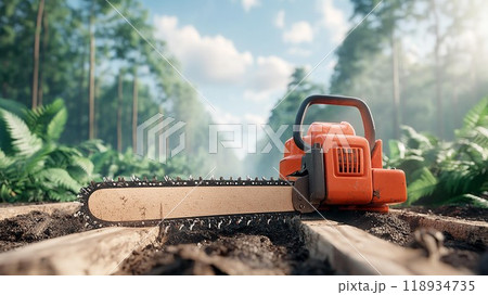 A vibrant orange chainsaw rests on a log amidst a lush green forest, capturing the essence of forestry and outdoor work. A vibrant orange chainsaw rests on a log amidst a lush green forest, capturing the essence of forestry and outdoor work. 118934735