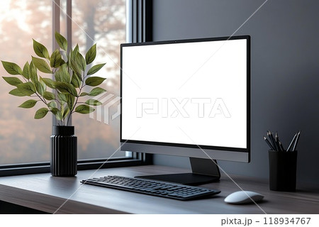 Minimalist workspace featuring a computer, plant, and natural light, perfect for modern office aesthetics. Minimalist workspace featuring a computer, plant, and natural light, perfect for modern office aesthetics. 118934767