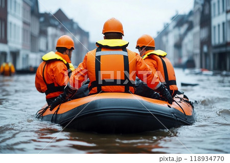 Rescue workers navigate a flooded city in an inflatable boat, showcasing bravery and determination in emergency response efforts. 118934770