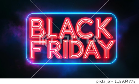 Vibrant neon sign showcasing 'Black Friday' promotional theme, perfect for advertising sales and discounts during holiday shopping. 118934778
