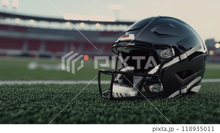 close up of modern football helmet resting on green field, showcasing its sleek design and reflective surface. stadium in background adds to atmosphere of game close up of modern football helmet resting on green field, showcasing its sleek design and reflective surface. stadium in background adds to atmosphere of game 118935011