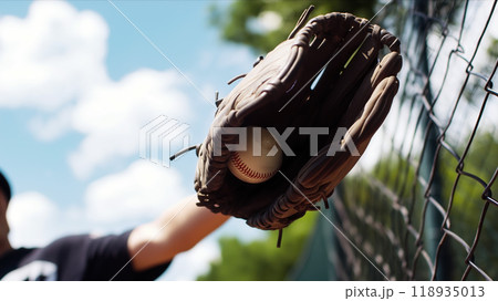 baseball glove reaching out to catch ball against sunny sky, evoking excitement and anticipation in game baseball glove reaching out to catch ball against sunny sky, evoking excitement and anticipation in game 118935013