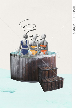 Contemporary art collage. Woman rest in warmth, exchanging speaking and warmth against chilly winter, snowy background. Abstract art style. 118935019