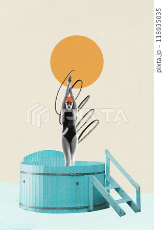 Contemporary art collage. Radiant moment in cold, as swimmer stretches towards winter sky, embracing freedom and balance between ice and warmth. Abstract art style. 118935035