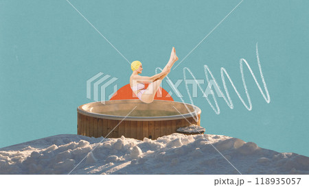 Contemporary art collage. Woman leaps above steaming hot tub, defying cold around her. Playful and carefree in winter landscape. Abstract art style. Contemporary art collage. Woman leaps above steaming hot tub, defying cold around her. Playful and carefree in winter landscape. Abstract art style. 118935057