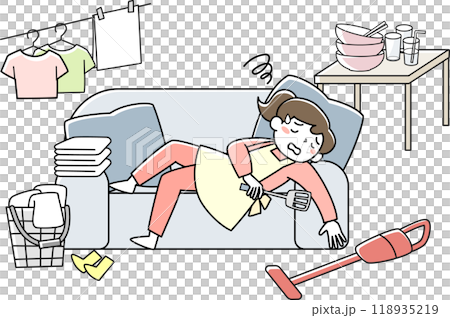 A housewife who is tired from housework and collapses on the sofa A housewife who is tired from housework and collapses on the sofa 118935219