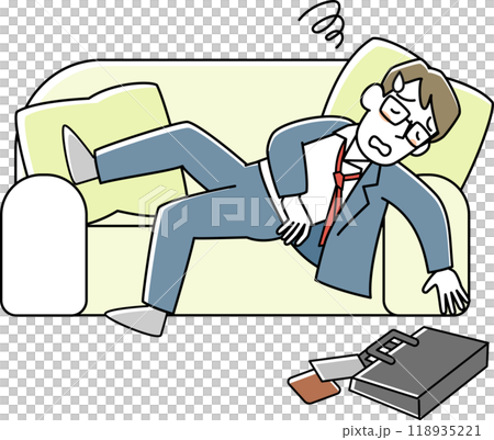 疲れてソファーに倒れこむスーツ姿の男性 118935221