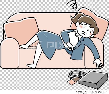 疲れてソファーに倒れこむスーツ姿の女性 疲れてソファーに倒れこむスーツ姿の女性 118935222