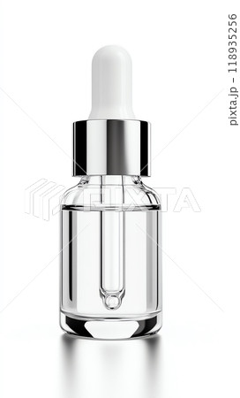 Glass dropper bottle with clear liquid, isolated on white background. 118935256