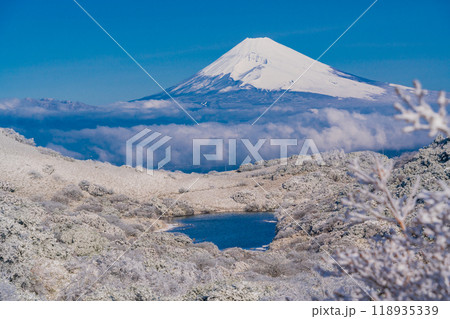 【静岡県】雪化粧した玄岳・氷ヶ池の向こうに富士山 118935339