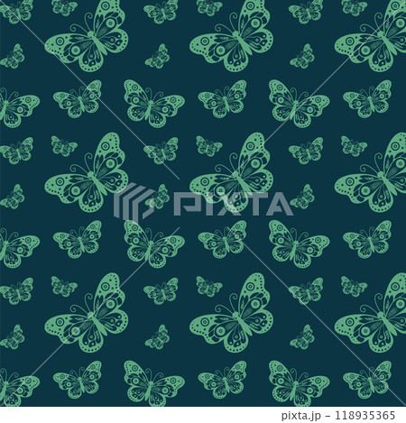 Green Butterfly Pattern. Elegant, Symmetrical Wing Design. Nature Inspired Artwork For Decorative Textile, Wallpaper, And Eco Friendly Project. Floral And Foliage Elements. Vector illustration 118935365