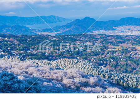 【静岡県】雪化粧した伊豆スカイラインから眺める南箱根の別荘と駿河湾 【静岡県】雪化粧した伊豆スカイラインから眺める南箱根の別荘と駿河湾 118935435