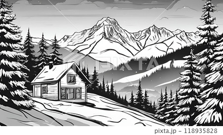Winter forest in mountains, sketch. Black and white illustration 118935828