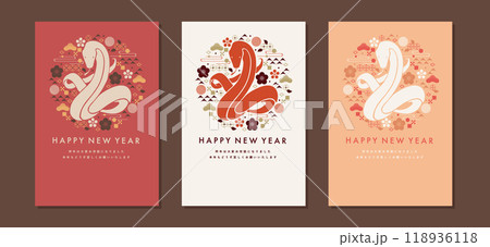 2025年巳年の年賀状テンプレート素材セット　蛇のシルエットイラスト　おしゃれ　縦はがきサイズ 118936118