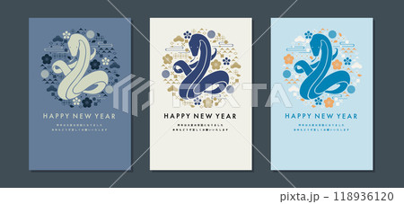 2025年巳年の年賀状テンプレート素材セット　蛇のシルエットイラスト　おしゃれ　縦はがきサイズ 118936120