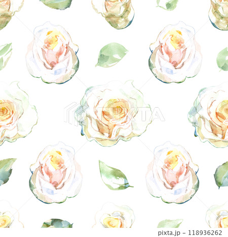 Seamless pattern of white roses with green leaves in collection garden flowers. Watercolor illustration for floral design of fabrics, kitchen towel, textiles, weaving, wallpaper, wrapping paper. Hand 118936262
