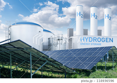 Hydrogen factory with energy storage concept. Green hydrogen production from renewable energy sources 118936596
