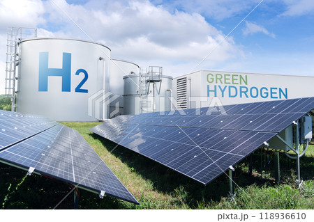 Hydrogen factory with energy storage concept. Green hydrogen production from renewable energy sources Hydrogen factory with energy storage concept. Green hydrogen production from renewable energy sources 118936610