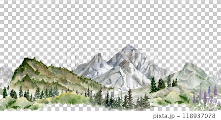 Scenery landscape of mountain range snowy peaks, crags cliffs rocks alpine vista, coniferous forest hand drawn in watercolor. Seamless banner. For tourism, resort ads, hiking camping sites, vacation. Scenery landscape of mountain range snowy peaks, crags cliffs rocks alpine vista, coniferous forest hand drawn in watercolor. Seamless banner. For tourism, resort ads, hiking camping sites, vacation. 118937078